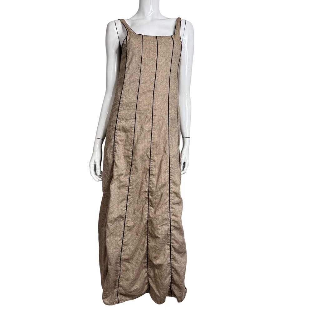 RUI Linen Maxi Dress Tan Black Piping Square Neck Smocked Back Size XS